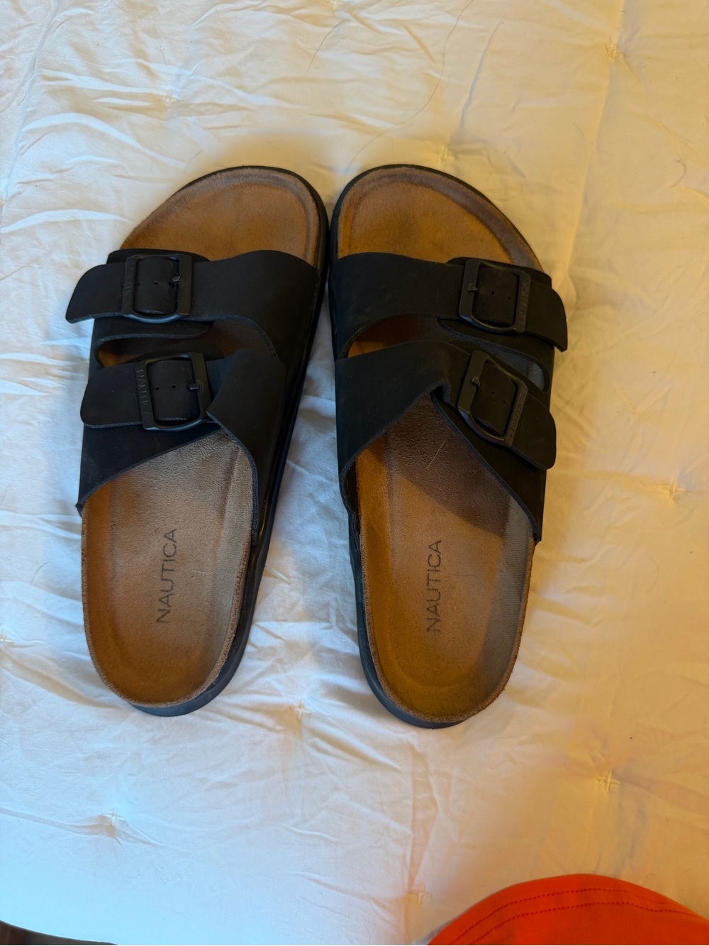Nautica Black Dual-Strap Buckle Slide Sandals with Brown Footbed